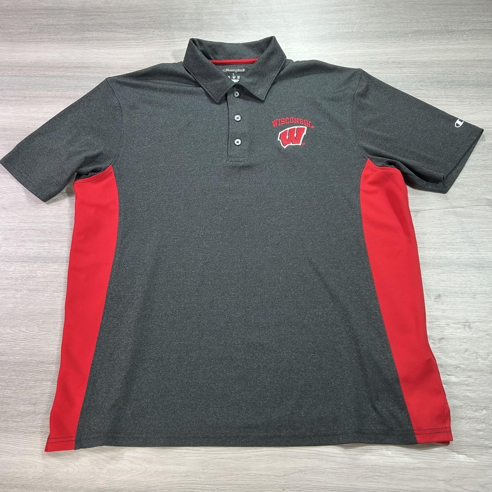 Wisconsin Badgers Polo Shirt Mens Large‎ Gray Red Champion Golf Athletic NCAA